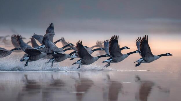 Dawn Scene of Geese Leaving a Foggy Lake photo