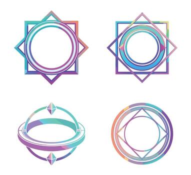 Four different colored geometric shapes with a circle in the middle vector