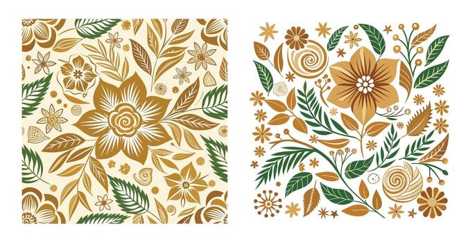 Two different floral patterns in gold and brown vector