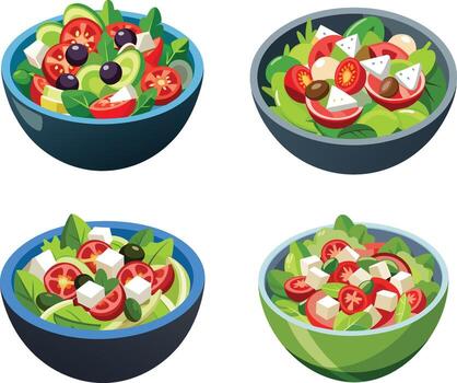 Four different types of salad in bowls vector