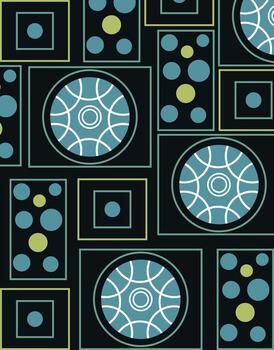 Retro geometric pattern with circles and squares in teal and yellow on black vector