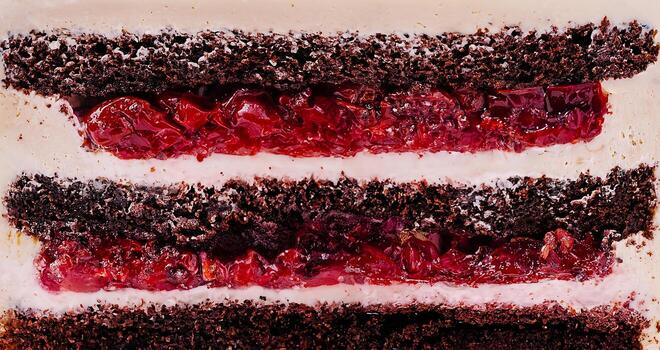 Chocolate layer cake with cherry filling displayed on a neutral background photo