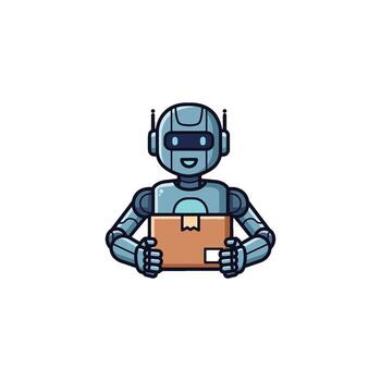 AI robot delivery service with an android bot. This humanoid shows automation in logistics, showcasing artificial intelligence technology for package shipping vector