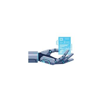 Futuristic artificial intelligence and robotics collaboration, a cyborg hand demonstrating smart assistant automation for efficient technical support service and logistic programming vector