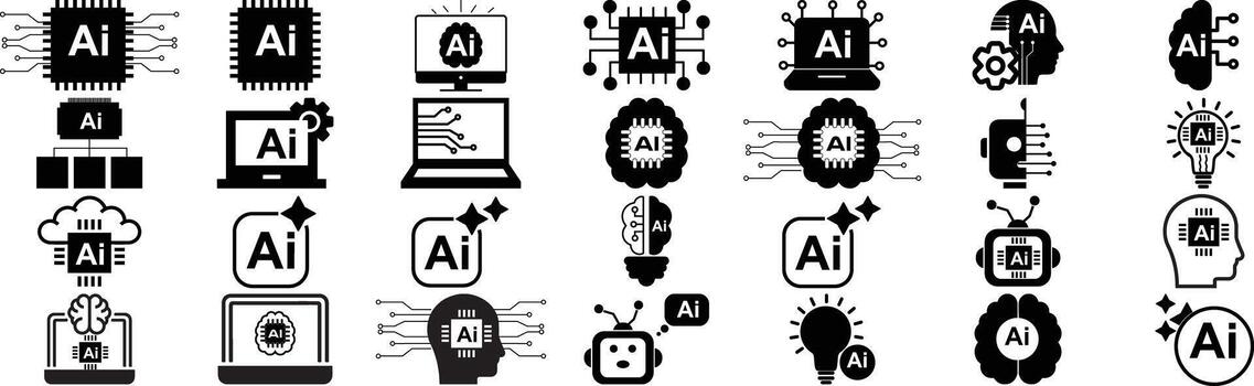 Artificial Intelligence Icons Set with Chip, Brain, and Technology Symbols vector