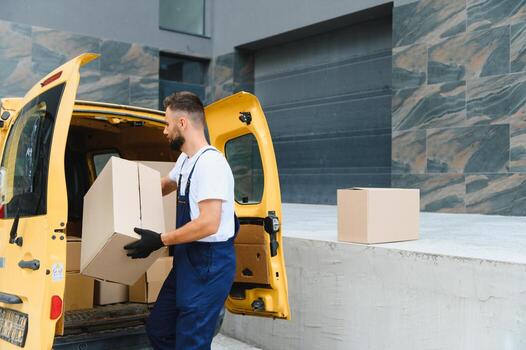 Man carrying boxes from van photo