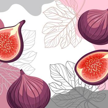 Background with figs and leaves. Composition of ripe figs on an abstract background. Card, banner vector