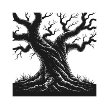 Old Tree Silhouette Illustration with Roots and Branches in Graphic vector
