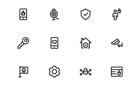 Smart home and office security system icons in flat minimal outline design. Includes cameras, alarms, locks, sensors, and shields for protection and safety solutions vector