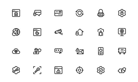 Cyber defense and monitoring icons in linear outline minimal style. Includes cameras, access control, shields, padlocks, and antivirus symbols for protection needs vector