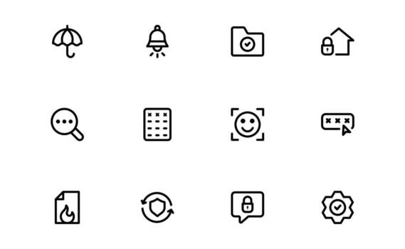 Clean linear outline security system icons with biometric scans, padlocks, shield protection, alarm sirens, cameras, and encrypted cloud for digital safety themes vector