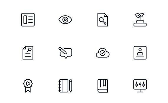 Digital Content Creation Icons Collection. Minimal and outline illustrations for online publishing, production, and social media workflow in modern style. vector