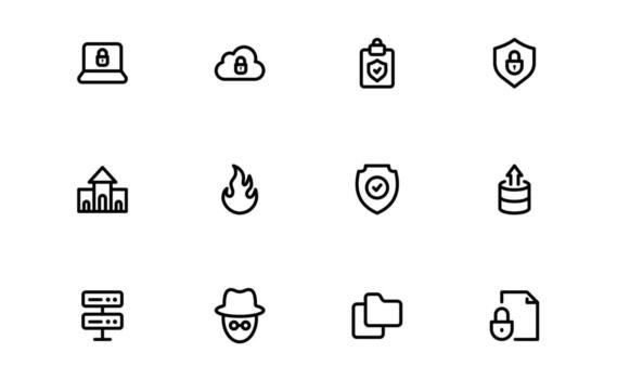 Smart technology security icons in linear outline style with surveillance CCTV, shield symbols, biometric login, and access locks for safety and monitoring systems vector
