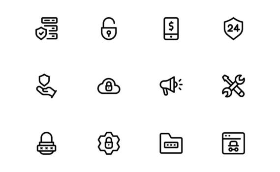 Security system icons in clean outline linear style featuring CCTV cameras, smart locks, alarm sirens, and shields. Minimal design for digital protection and monitoring vector
