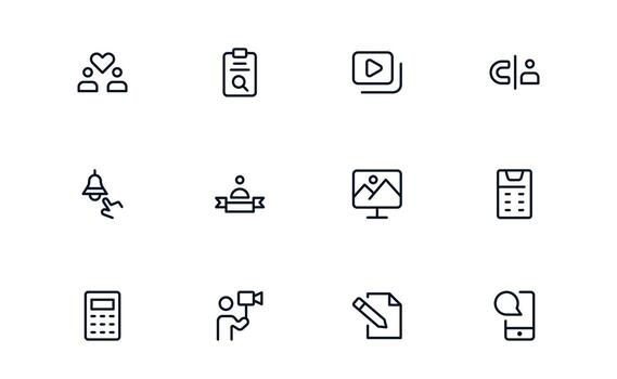 Outline and Minimal Content Creation Icons Set. Linear icons for creators, bloggers, and social media managers, ideal for digital and UI projects. vector
