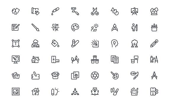 Minimalistic Design and Painting Icons Set. Sleek illustrations of painting, sketching, and creative tools perfect for web, UI, and mobile applications. vector