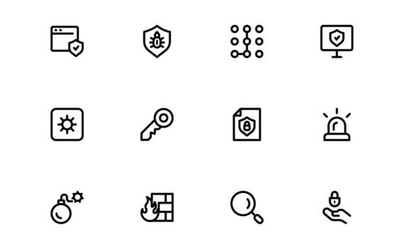 Modern security icons in minimal outline linear style. Includes smart locks, encrypted cloud, firewalls, shield badges, and alarm sirens for safety and data defense vector
