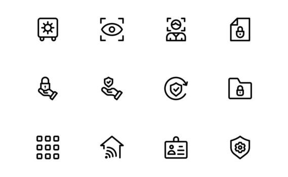 Security protection icons in modern minimal outline style featuring smart cameras, shield symbols, secure login, antivirus, and password locks for cyber defense vector