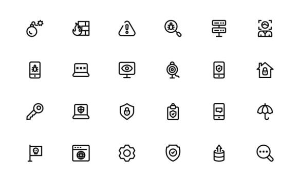Digital security system icons in minimal outline style. Includes smart home alarms, encrypted shields, firewalls, cameras, and padlocks for privacy and defense vector