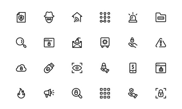 Outline security system icons with data encryption, CCTV monitoring, smart locks, sirens, and firewalls. Perfect for cybersecurity and surveillance design use vector