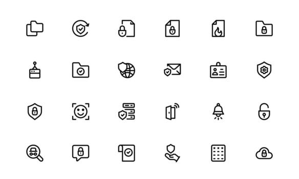 proteccion y supervisión seguridad sistema íconos en contorno limpiar diseño. caracteristicas camaras, escudos, antivirus, biométrico escaneos, y candados para ciber proteccion vector