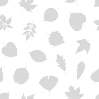 Seamless pattern with gray silhouette leaves. Leaf of maple, linden, birch, oak and chestnut on white background. Template for textile, package, wrapping paper illustration, minimal style vector