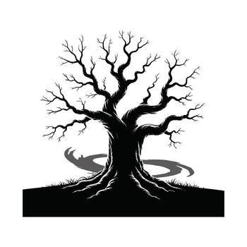 Striking Silhouette Illustration of a Bare Tree with Roots and Shadow on the Ground vector