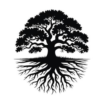 Detailed Silhouette Illustration of a Sprawling Tree with Intricate Root System Design vector