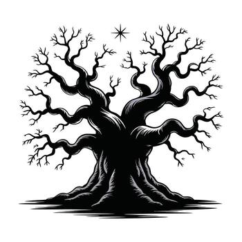 Bare Tree Silhouette Illustration with Starry Sky, Dark and Twisted Branches Design Element vector