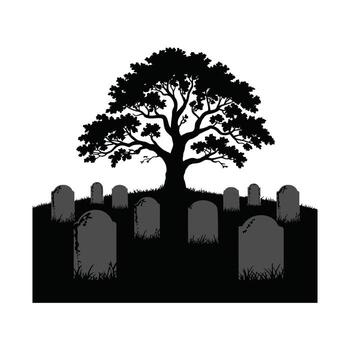 Graveyard Silhouette Illustration with Tombstones and Tree in a Dark and Gloomy Setting vector