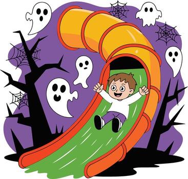 A boy sliding down a halloween slide with ghosts and ghosts vector