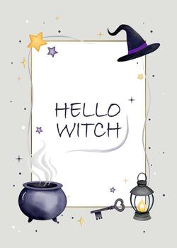 Watercolor halloween frame. Magical design with cauldron potion, lantern, witch hat and text. Mystical style vector