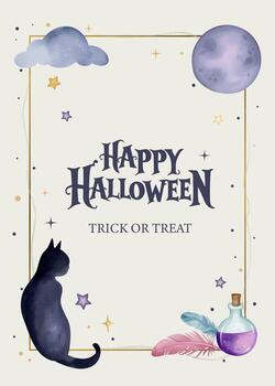 Watercolor halloween frame with text happy halloween. Magical design with cat, potion, feathers, moon. Mystical style vector