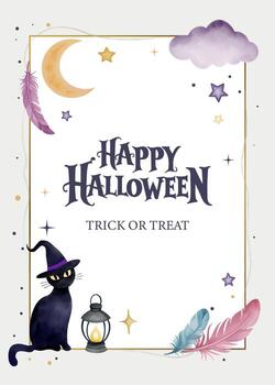 Watercolor halloween frame with text happy halloween. Whimsical design with cat in witch hat, feathers, moon. vector