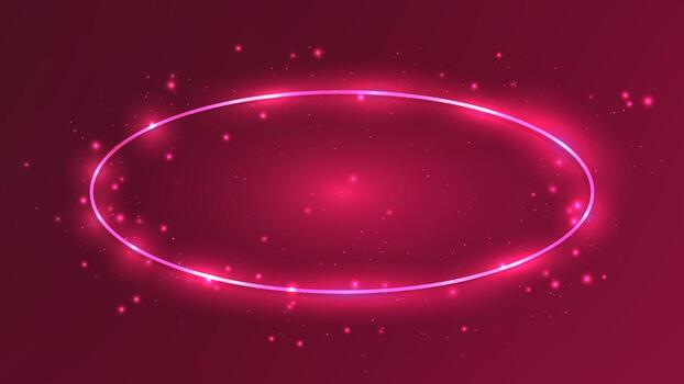 Neon oval frame with shining effects and sparkles on dark red background. Empty glowing techno backdrop. illustration vector