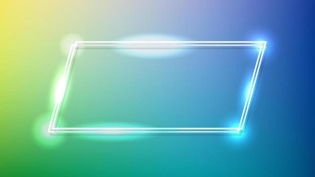 Neon double quadrangle frame with shining effects on green background. Empty glowing techno backdrop. illustration vector