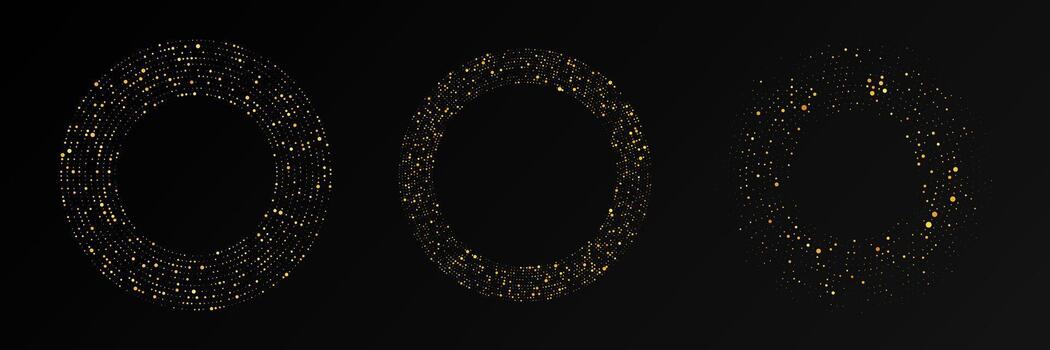 resumen oro brillante trama de semitonos punteado antecedentes. conjunto de Tres oro Brillantina patrones en circulo forma. circulo trama de semitonos puntos multa ilustración vector