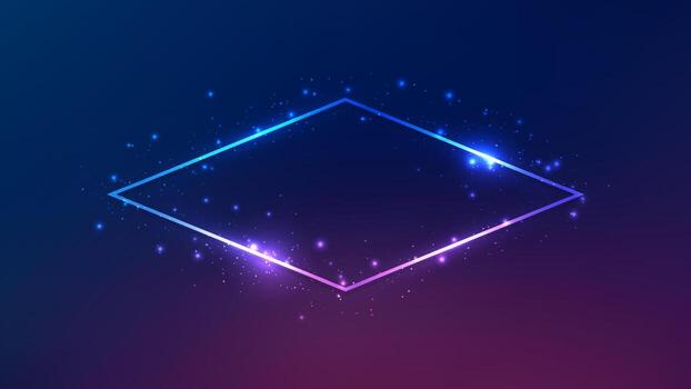 Neon rhomb frame with shining effects and sparkles on dark purple background. Empty glowing techno backdrop. Fine illustration vector