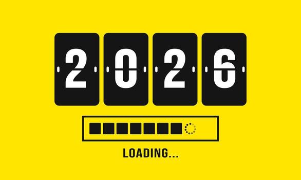 2026 Progreso cargando bar antecedentes o bandera diseño modelo. contento nuevo año deseo cargando bar bandera diseño. saludo y nuevo año 2026 celebracion bandera vector