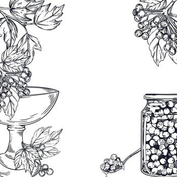 A square frame of berries and viburnum leaves, a jar of jam with viburnum, a spoon with jam and a bowl for jam. All objects are hand-drawn with ink. For printing on food, vector