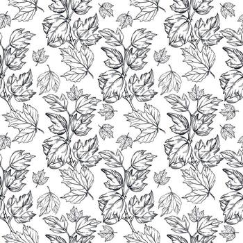 Seamless pattern from leaves and branches of viburnum. All objects are hand-drawn with ink. The illustration is suitable for printing on paper, fabric, home textile decor vector