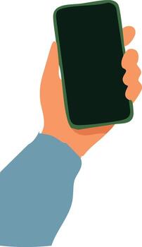a hand holding a smartphone with a blank black screen in a simple flat design style. vector