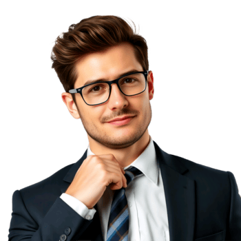 moderno jovem profissional homem com confiante sorrir e à moda óculos ajustando gravata, posando em uma limpar \ limpo transparente fundo para versátil digital meios de comunicação e marketing desenhos png