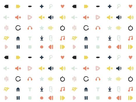 Doodle podcast seamless pattern with Music Media Player Icons. Hand Drawn Pastel Color Play, Pause, Stop, Volume, Equalizer Buttons. Minimalism style. Fun and simple background vector