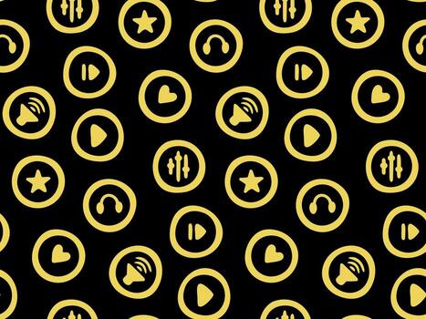 Doodle podcast seamless pattern with icons related to music and audio content, such as play, pause, headphones and star symbols. Media Player Hand Drawn Outline background design for music, vector