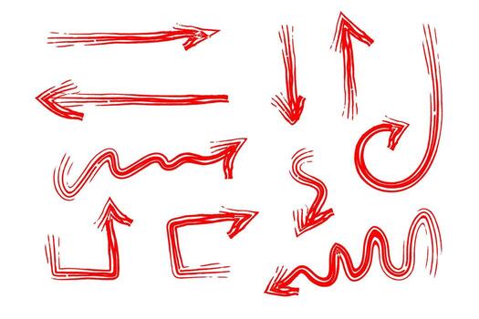 Hand drawn Red Grunge Arrow Set. Brush Stroke Directional Elements Collection. Perfect for infographics, user interface elements, presentations, highlight design, or creative layouts. Isolated on vector