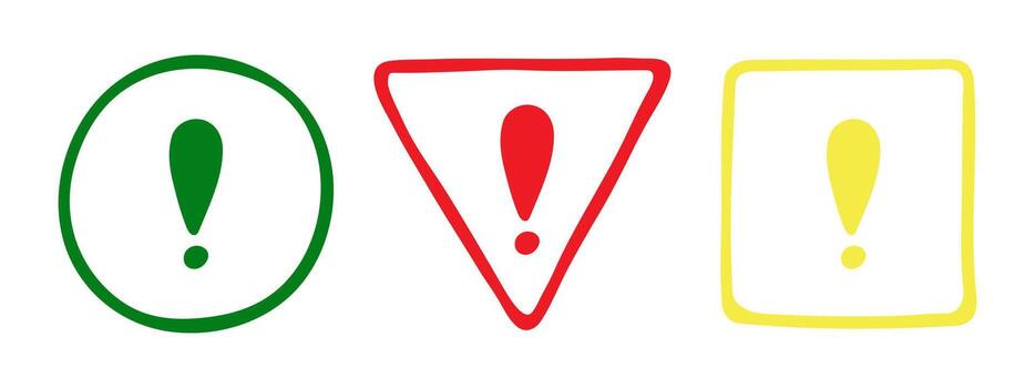 Doodle exclamation mark, notification bell, alert danger information color sign set. Scribble hand drawn doodle exclamation point, stop warning sign in circle, triangle, square form. vector