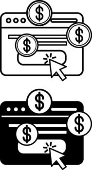 Pay Per Click Icons. Black And White Illustrations. Application, Dollar Coins, And Mouse Cursor. Online Advertising Pay Button. Digital Marketing Concept vector
