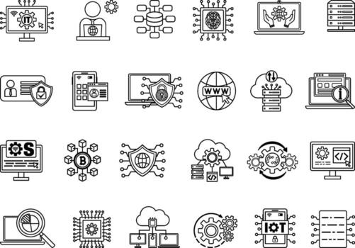información tecnología icono colocar. ilustraciones eso gerente, datos analítica, digital datos, eso gestión, Internet, red seguridad, software desarrollo, móvil aplicaciones, y más vector