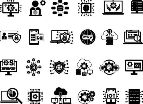 Black Icon Set Information Technology. Illustrations IT Manager, Data Analytics, Digital Data, IT Management, Internet, Network Security, Software Development, Mobile Apps, and More vector